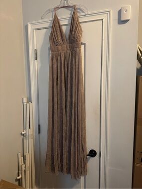 Gold Shimmery V-Neck Maxi Dress with Spaghetti Straps